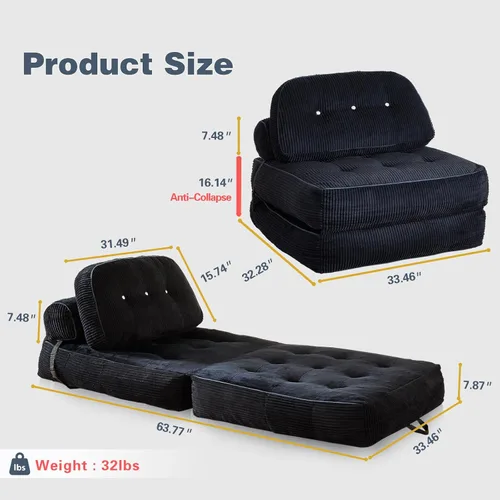 Miniatura 2 de Sofá cama plegable, futón de franela con almohada y manta, silla convertible para apartamento de espacio pequeño, habitación de invitados