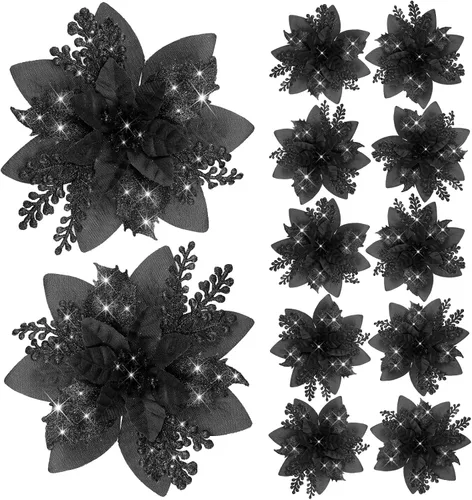 Canlierr 12 piezas flores de Pascua de Navidad de 5.7 pulgadas con purpurina, flores artificiales con clips, adorno de árbol de Navidad para corona,