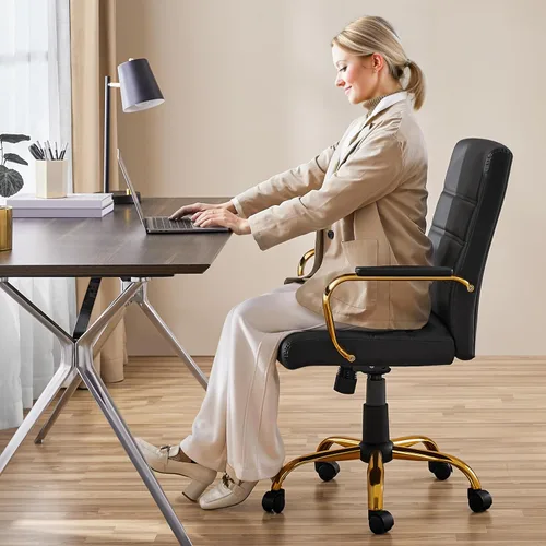 Miniatura 4 de Topeakmart Silla de escritorio de oficina Silla ejecutiva de cuero sintético ajustable con marco dorado asiento negro Negro y dorado
