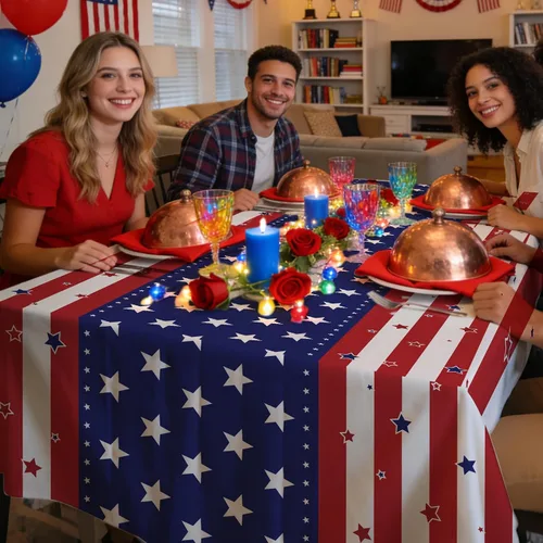 Miniatura 5 de Paquete de 6 manteles de plástico desechables patrióticos de 54 x 108 pulgadas, para fiestas con temática conmemorativa, desechables para mesas de 6