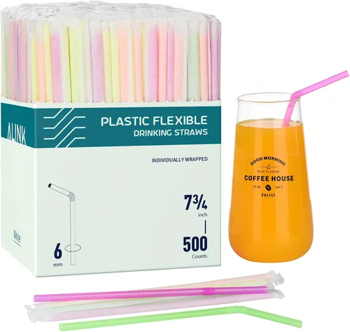 ALINK 500 popotes flexibles de plástico neón, envueltos individualmente, pajitas flexibles para fiestas, 7.75 x 0.23 pulgadas