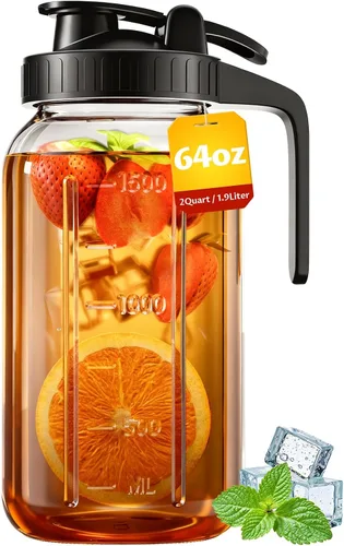 Jarra Mason Jar de 64 onzas – Jarra de vidrio hermética y a prueba de fugas con tapa, perfecta para té helado, té solar, cerveza fría, leche