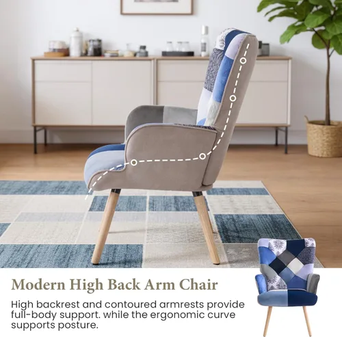 Miniatura 6 de Joysoul Silla decorativa para sala de estar, sillón moderno con respaldo alto, silla de tela de retazos bohemios, silla de lectura tapizada colorida