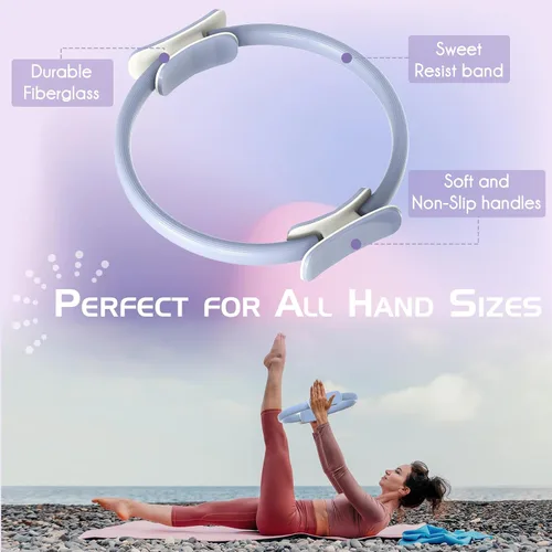 Miniatura 4 de Juego de anillos de pilates: círculo mágico de 14 pulgadas con asas acolchadas dobles, mini bola de pilates y bandas de resistencia
