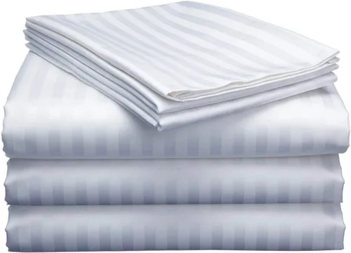 Juego de sábanas de algodón de 28 pulgadas con bolsillo profundo de rayas blancas de 5 piezas con 2 fundas de almohada, 800 hilos