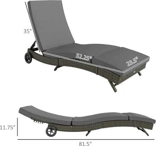 Miniatura 3 de Outsunny Tumbona de mimbre para exteriores de ratán de polietileno acolchado para patio, tumbona con respaldo ajustable de 5 niveles y ruedas