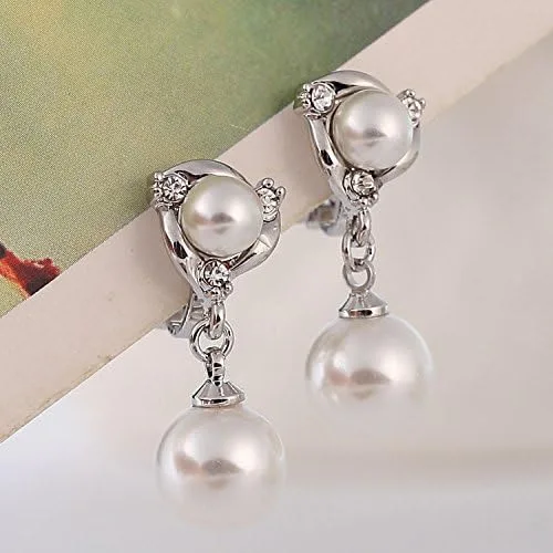 Miniatura 2 de Pendiente colgante con clip doble de perlas de imitación para no perforado, tono plateado para adolescentes, Plata