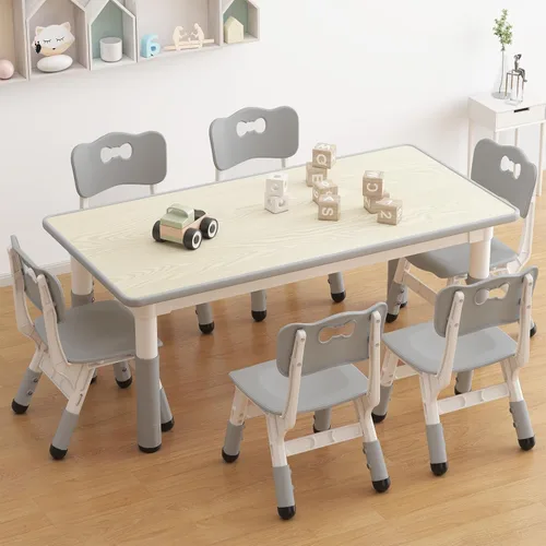 Miniatura 2 de GAOMON - Juego de mesa y 6 sillas para niños, mesa y silla ajustables en altura para niños de 2 a 10 años, escritorio con graffiti, patas Gris