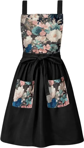 Delantal Vintage Lindo para Mujer con Bolsillos, Delantal con Espalda Cruzada para Cocinar, Hornear, Cocina, Jardinería Negro