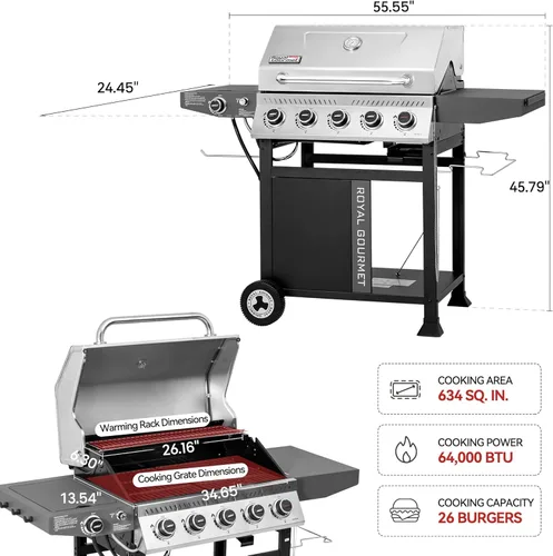 Miniatura 3 de Royal Gourmet GA5406TS - Parrilla de gas propano de 5 quemadores con quemador lateral y quemador de sellado, parrilla de barbacoa de gas