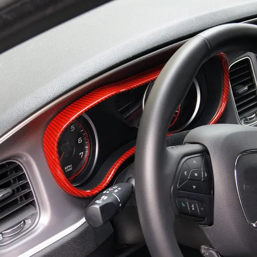 Miniatura 2 de crosselec Cubierta de marco de panel de medidor de tablero de fibra de carbono, accesorios de decoración interior para Dodge Charger 2015-2021 (rojo)