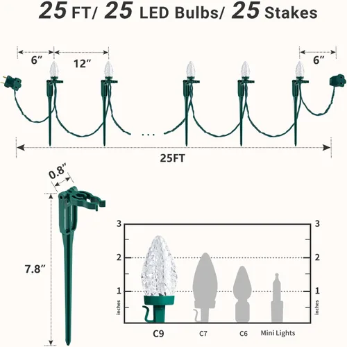 Miniatura 2 de SURAIELEC C9 Luces de Camino de Navidad, 25 PIES Luces de Navidad para Sendero con 25 Estacas, 25 Bombillas LED Blanco Cálido, Decoración Navideña