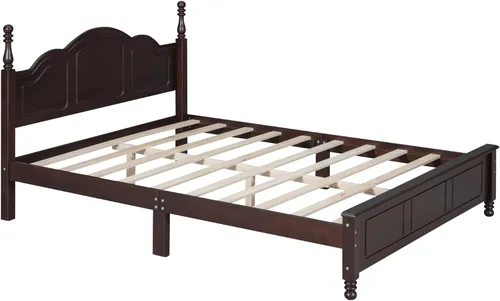 Miniatura 5 de Base de cama de plataforma de madera tamaño Queen, plataforma de estilo retro con soporte de listones de madera, marco de cama retro con plataforma