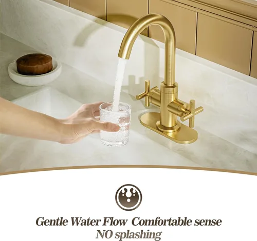 Miniatura 4 de Phiestina SGF0310-BG - Grifo de lavabo de baño de oro cepillado, grifo de tocador de un solo orificio o 3 agujeros, con boquilla giratoria de 360