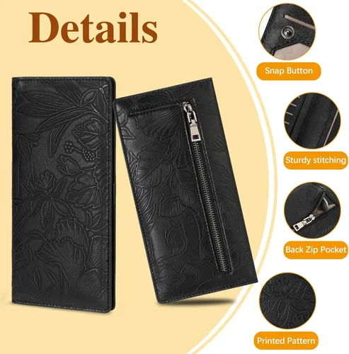 Miniatura 5 de FALAN MULE Cartera delgada ultrafina para mujer, de cuero plegable, bloqueo RFID, tarjetero de diseño, Negro