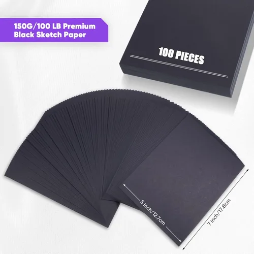 Miniatura 2 de Crtiin 100 hojas de papel de dibujo negro pesado 150 GSM, 100 libras, papel de dibujo para lápices de colores, pastel al óleo, carbón, bolígrafo