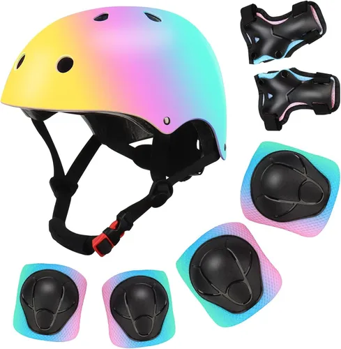 Miniatura 9 de Casco de bicicleta ajustable con gradiente de color para niños con set de rodilleras y coderas Equipo de seguridad multideporte para niños y niñas