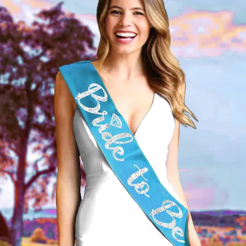 Miniatura 23 de Something Blue Gift for Bride To Be Sash - Banda de satén de grado nupcial - Decoraciones de despedida de soltera azul turquesa, Juego de 2 piezas