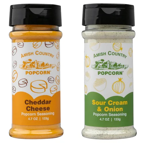 Miniatura 36 de Amish Country Popcorn Paquete variado de condimentos Queso cheddar – 5.1 oz y queso cheddar blanco – Condimento de palomitas de maíz de 3.8 onzas