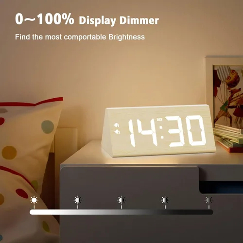 Miniatura 3 de Reloj despertador digital de madera con puertos de carga USB duales, DST, atenuable, función de repetición, reloj LED de tiempo moderno de gran