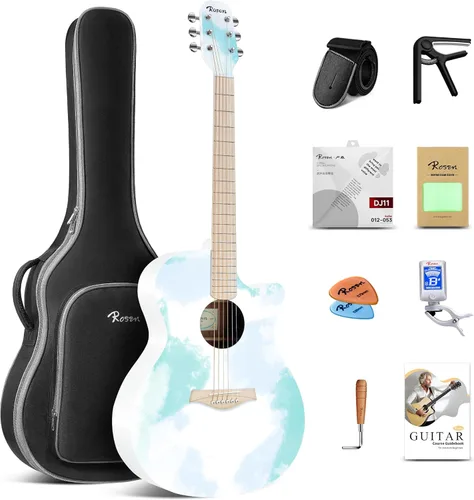 Miniatura 18 de Rosen Guitarra acústica Dreadnought de tapa sólida de 104 cm con abeto, para principiantes, con libro, bolsa acolchada, cuerdas, púas, llave Azul