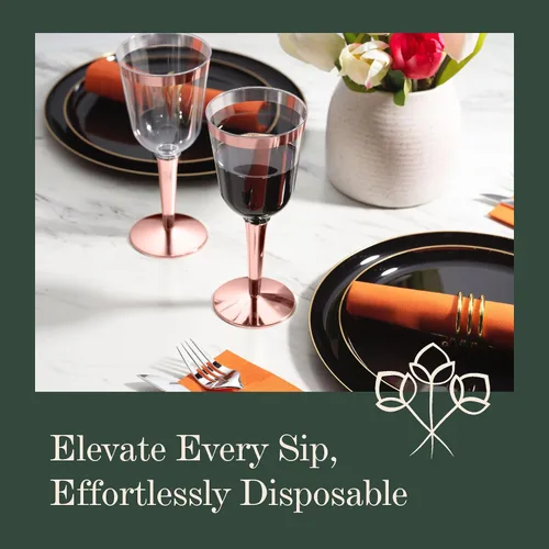 Miniatura 2 de 50 copas de vino desechables de plástico con borde de oro rosa, tamaño grande, 9.98 oz. BloominGoods - Vasos para bodas y eventos