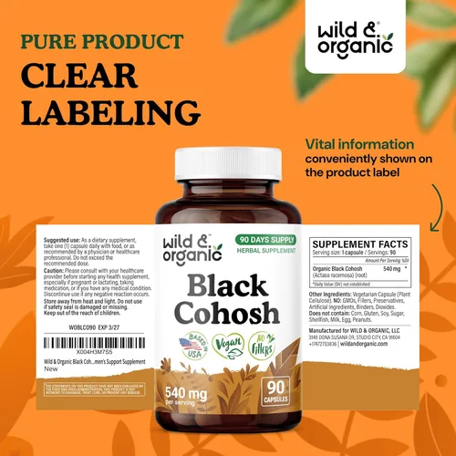 Miniatura 7 de Wild & Organic Cápsulas de cohosh negro de 540 mg - Suplementos de menopausia para mujeres - Cohosh negro para mujeres - Hierba Actaea Racemosa - 90