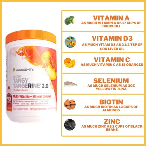Miniatura 6 de Youngevity Beyond Tangy Tangerine 2.0 Citrus Peach Fusion Complejo multivitamínico y mineral - Hecho con alimentos naturales y integrales 8,000