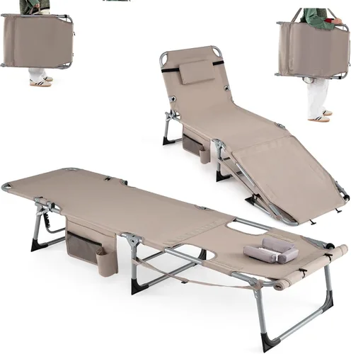 Goplus Silla de bronceado con agujeros para brazos faciales, silla portátil para tomar el sol con respaldo de 4 niveles y almohada para la cabeza,