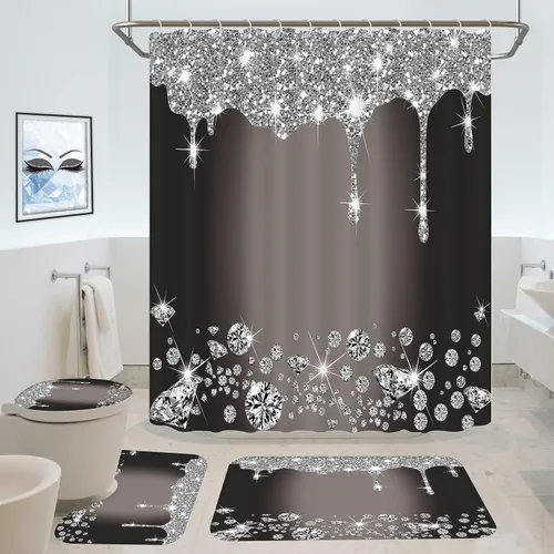 4 piezas de juego de cortina de ducha con destellos de diamantes, decoración de baño negra y plateada con goteo brillante con tapete y funda para