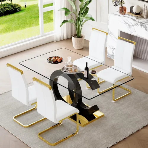 Miniatura 28 de gopop Mesa de comedor de cristal de 63 pulgadas, mesa de cocina moderna, mesa de comedor de vidrio transparente con patas de diseño único negro