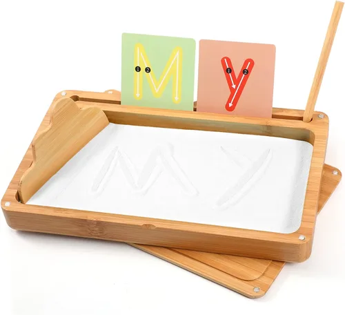 AtMini Bandeja de arena para el aula, bandeja de arena Montessori de madera con tapa para niños que escriben letras y números, imprescindible para