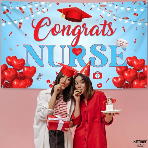 Miniatura 5 de KatchOn, Cartel de enfermera de felicitaciones rojo y azul – XtraL, 72 x 44 pulgadas Cartel de graduación, decoraciones de graduación de enfermera