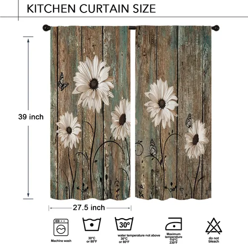 Miniatura 6 de Cortinas de cocina vintage retro de madera, con bolsillo para cortinero, 27.5 pulgadas de ancho x 39 pulgadas de largo, 2 paneles de flores blancas