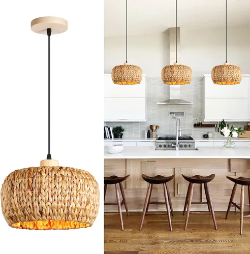 Luces colgantes bohemias para isla de cocina, 11.8 pulgadas, luminaria de ratán bohemio tejida a mano, iluminación de tejido de hierba marina Tejido