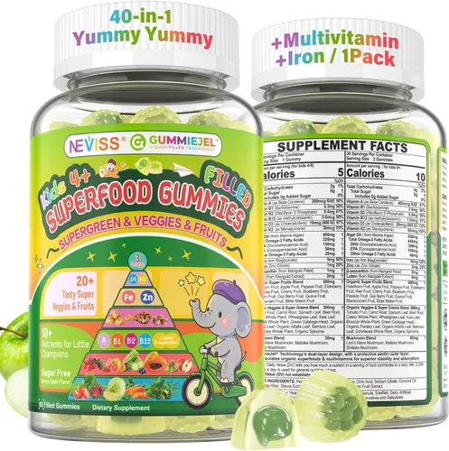 NEVISS Multivitamínico para niños y adolescentes de 4 a 17 años con hierro Omega3 D3K2, Picky Eater Vitamin Super Greens Gomitas, frutas orgánicas