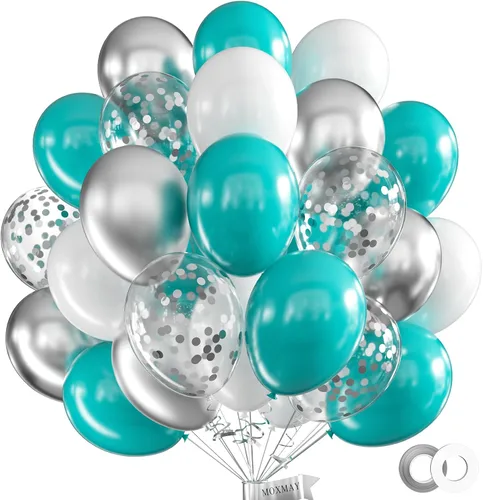 Miniatura 13 de Juego de 62 globos de 12 pulgadas, color negro, blanco, plateado, globos de fiesta con confeti plateado metálico blanco y negro con cintas