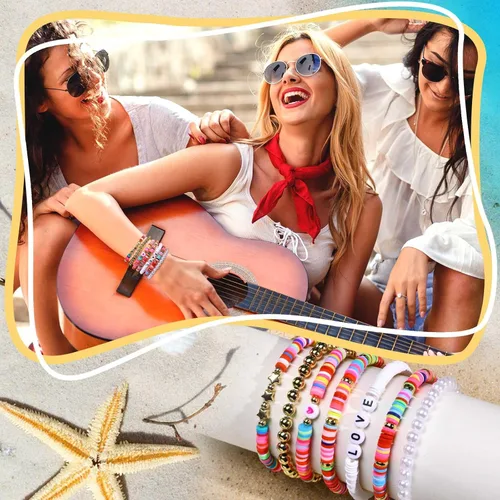 Miniatura 4 de Pulsera elástica de cuentas Surfer para mujer, juego de cuentas coloridas ajustables, pulseras Y2K con dije de corazón y estrella, para verano