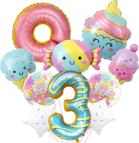 Miniatura 9 de 10 globos de helado, globos de papel de aluminio Mylar con número de dona de caramelo, temática de helado, suministros de fiesta de primer cumpleaños