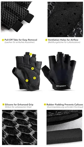 Miniatura 3 de Fitgriff® Guantes de entrenamiento (acolchados) para hombres y mujeres, guantes de gimnasio sin dedos para levantamiento de pesas, entrenamiento
