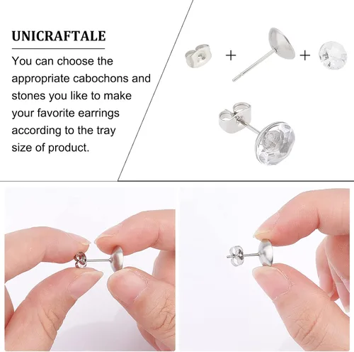 Miniatura 4 de UNICRAFTALE 150 piezas de 3 tamaños de aretes de acero inoxidable para aretes redondos planos y redondos, pegamento de copa de perlas, pasadores