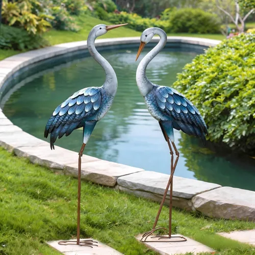 Kircust Estatuas de Garza Azul para Exteriores Esculturas de Garza de Jardín de Metal, Arte de Patio de Pájaros Grande 47-48 Pulgadas, Juego de 2,
