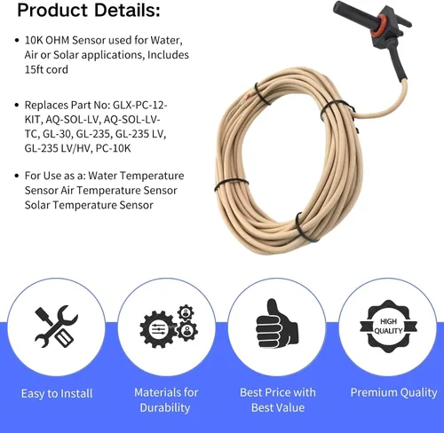 Miniatura 3 de GLX-PC-12-KIT Sensor de temperatura de termistor de 10K con cable de 15 pies Kit de reemplazo de sensor de temperatura de agua/aire/solar compatible