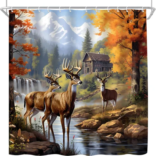 Miniatura 3 de Cortina de ducha de cabaña de ciervos, otoño, montaña, bosque, cascada, vida silvestre, caza, cabaña, cortina de baño de poliéster con ganchos, 35