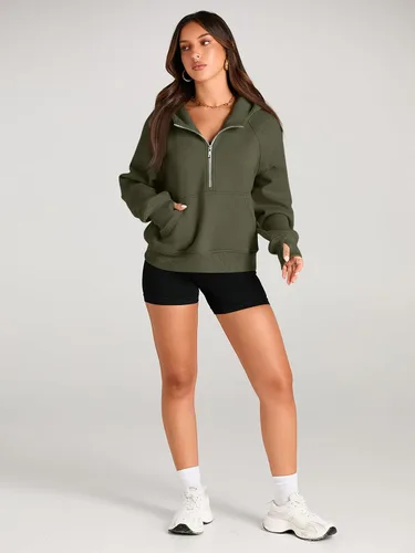 Miniatura 4 de AUTOMET Sudaderas con media cremallera, sudaderas cortas con capucha de forro polar para mujer, sudadera con cremallera de un cuarto, trajes