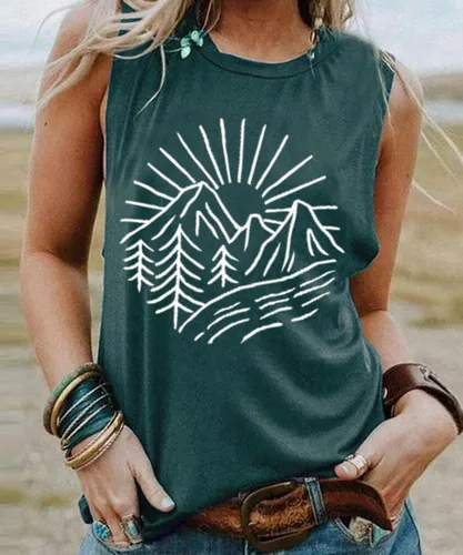 Miniatura 2 de Camisetas sin mangas de senderismo y montaña para mujer, divertidas camisetas de entrenamiento con gráficos de pino y amanecer, camisetas de verano