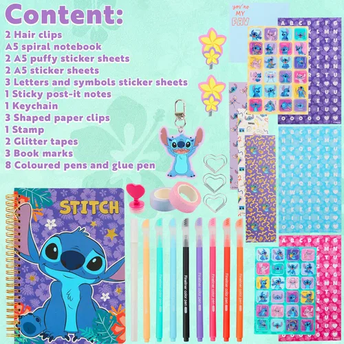 Miniatura 6 de Kit de Diario DIY de Disney Stitch para Niñas y Adolescentes, Lindos Kits de Artes y Manualidades, Cuaderno Espiral A5, Pinzas para el Cabello