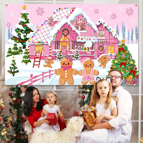 Miniatura 4 de Decoración de fondo navideño de pan de jengibre - Suministros festivos rosados alegres, accesorios de fotos de Candyland para decoración de letrero