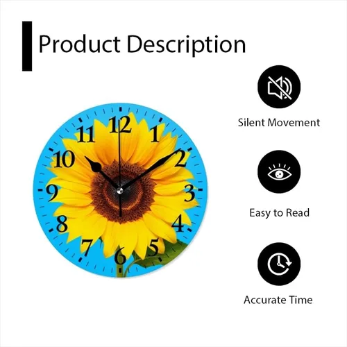Miniatura 5 de Reloj de pared, funciona con pilas, redondo, silencioso, sin tictac, girasol contra fondo azul, reloj decorativo para cocina, baño, sala de estar