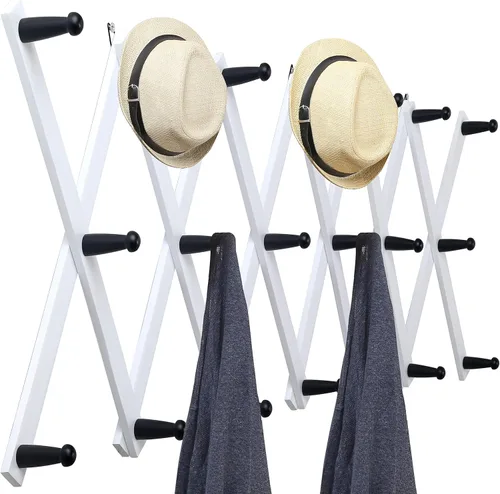 Miniatura 17 de WEBI Acordeón para colgar en la pared, percha de pared para sombreros, acordeón, expandible, de madera, montado en la pared, estante de gancho